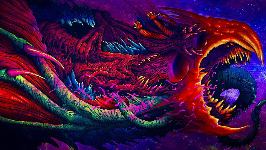 Vibrant Neon Dragon Fantasy Artwork with Psychedelic Colors and Cosmic Background HD wallpaper