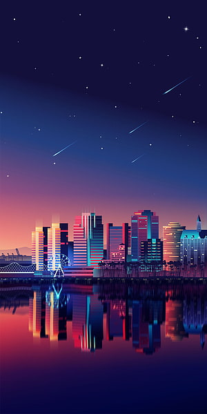 Neon City Skyline at Night with Starry Sky and Water Reflection HD phone wallpaper