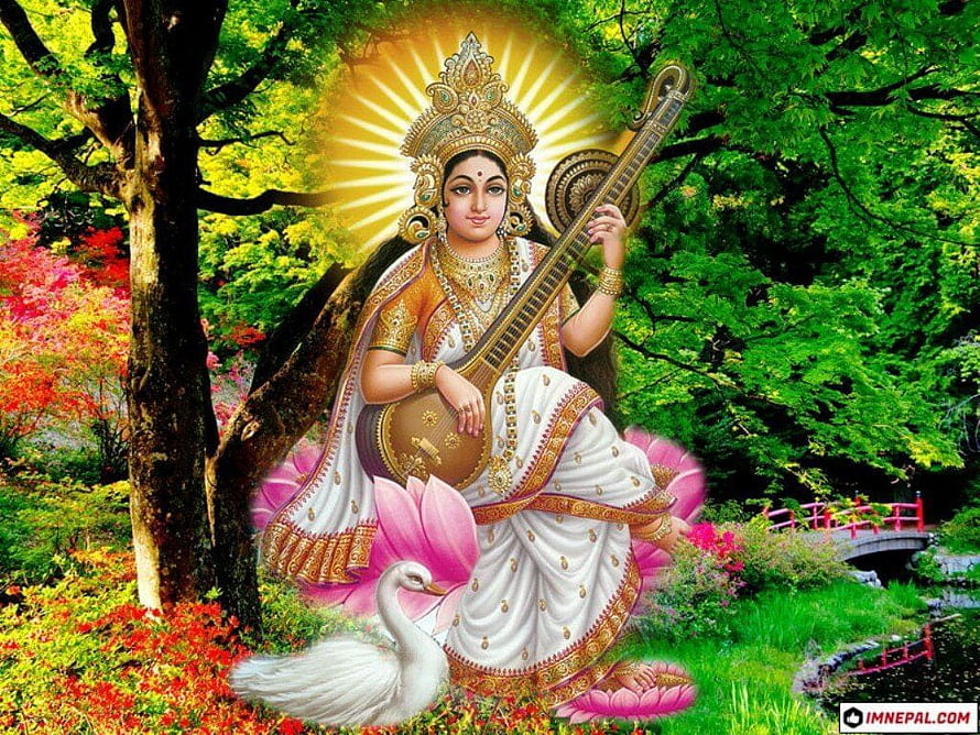 Goddess Saraswati Playing Veena on Lotus in a Vibrant Garden HD wallpaper