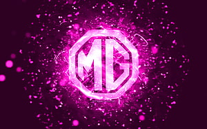 Glowing MG Octagon Logo with Purple Neon Energy Burst and Particle Effects HD wallpaper