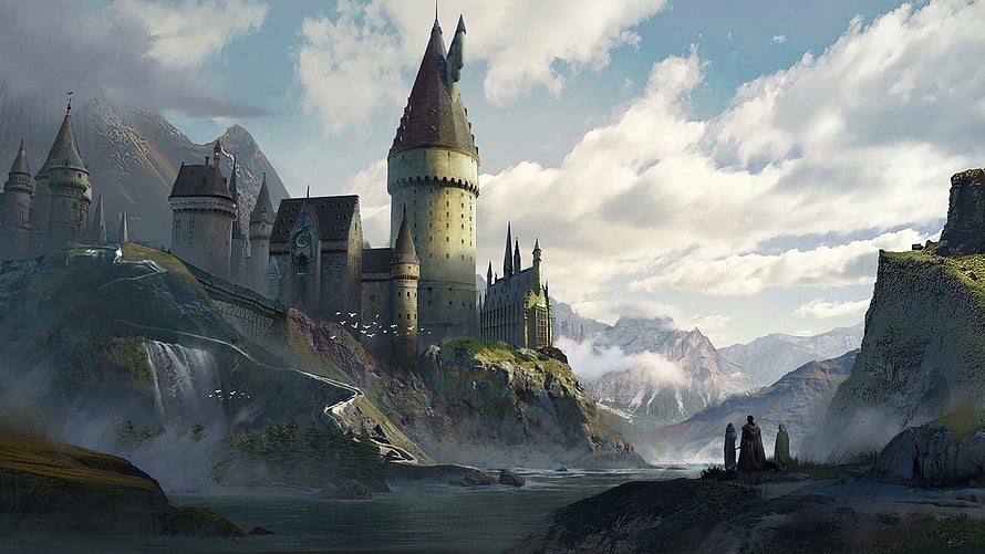 Hogwarts Castle Perched on Misty Cliffs with Waterfall and Distant Mountains HD wallpaper
