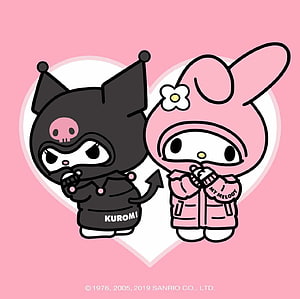 Kuromi and My Melody in matching streetwear jackets inside a white heart on a pink background HD wallpaper