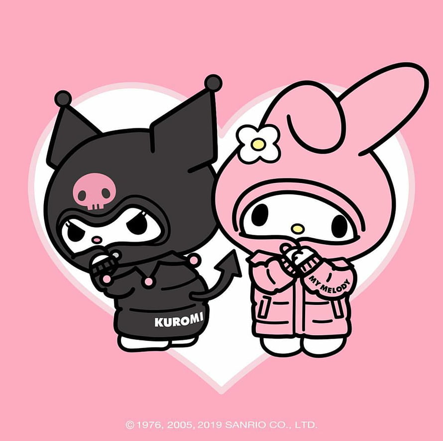 Kuromi and My Melody in matching streetwear jackets inside a white heart on a pink background HD wallpaper
