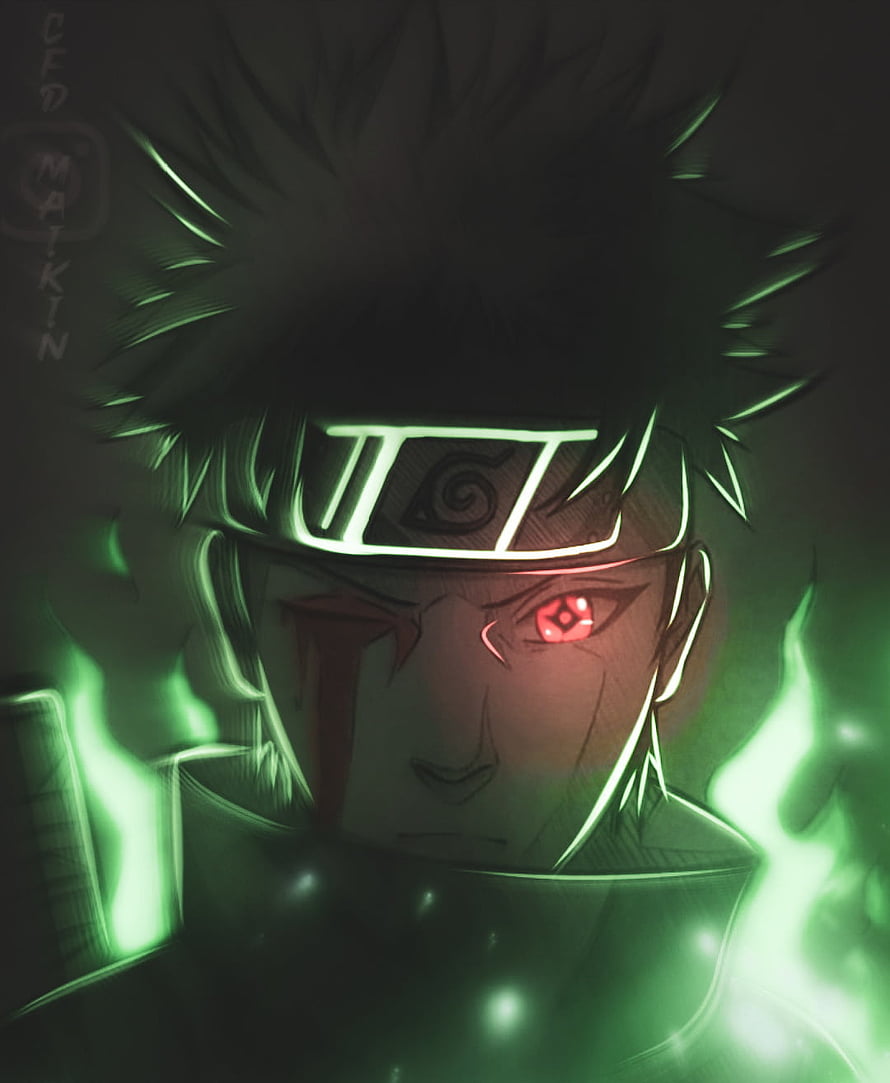 Shisui Uchiha Sharingan Portrait with Green Chakra Glow and Konoha Headband HD phone wallpaper