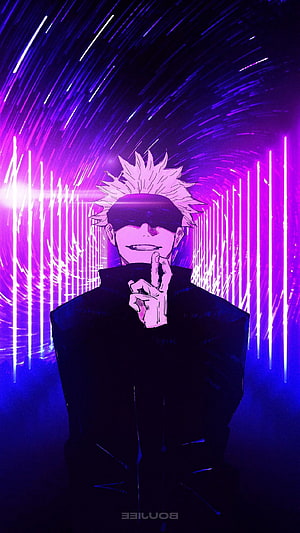 Gojo Satoru from Jujutsu Kaisen in a Neon Purple and Blue Anime Style HD phone wallpaper