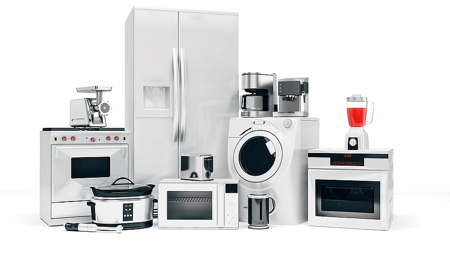 Modern Stainless Steel Kitchen Appliances Collection Including Refrigerator, Oven, and Washing Machine HD wallpaper