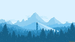 Minimalist Lighthouse in Snowy Pine Forest with Mountain Range and Soft Blue Tones HD wallpaper