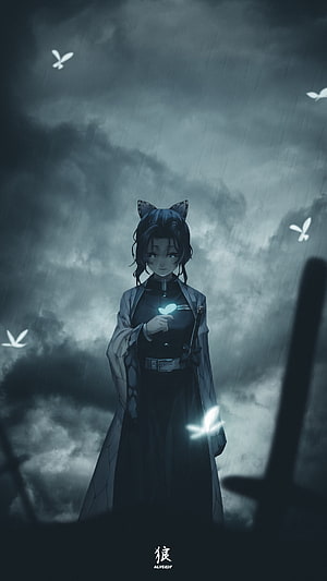 Shinobu Kouchi from Demon Slayer Holding a Glowing Butterfly in a Dark Rainy Sky HD phone wallpaper