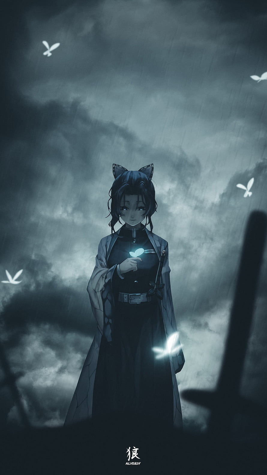 Shinobu Kouchi from Demon Slayer Holding a Glowing Butterfly in a Dark Rainy Sky HD phone wallpaper
