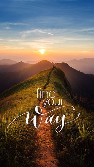 Sunrise Mountain Ridge Trail with Hikers and Motivational Quote HD phone wallpaper