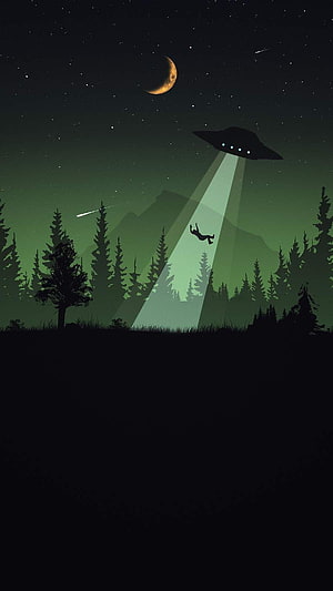 Minimalist UFO Abduction Scene in a Starry Night Forest with Crescent Moon HD phone wallpaper