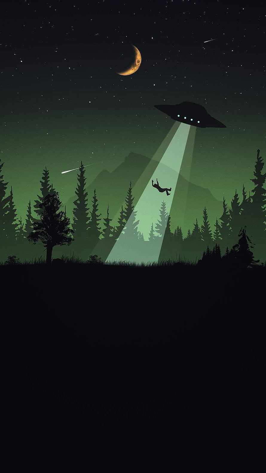 Minimalist UFO Abduction Scene in a Starry Night Forest with Crescent Moon HD phone wallpaper