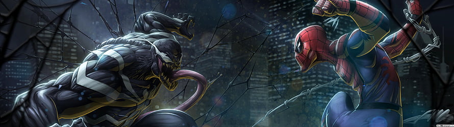 Venom and Spider-Man Face Off in a Dramatic Urban Battle Scene HD wallpaper