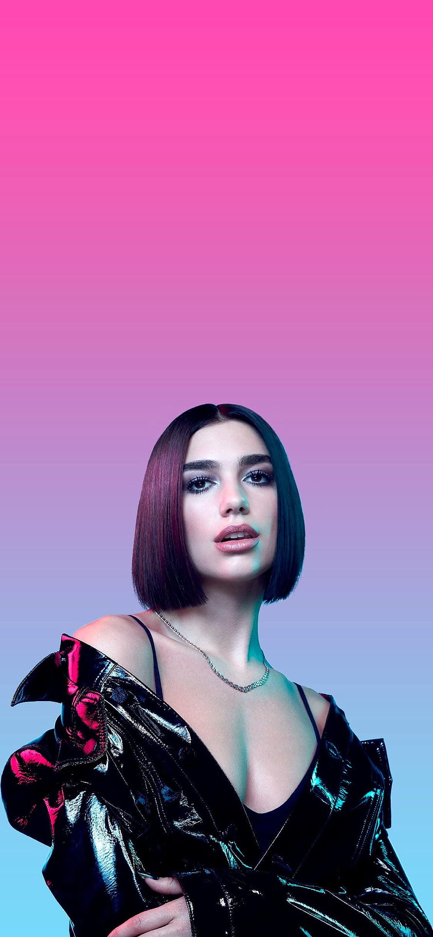 Dua Lipa in a glossy black jacket against a vibrant pink and blue gradient background HD phone wallpaper