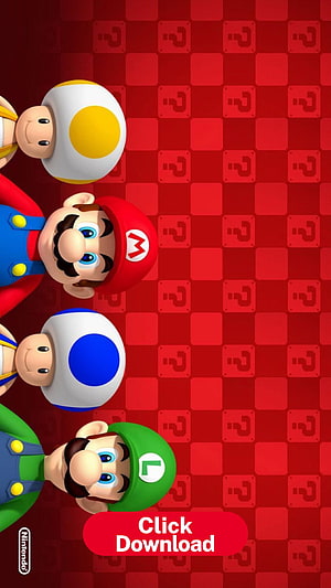 Super Mario Bros and Toad Characters on Red Question Block Background HD phone wallpaper