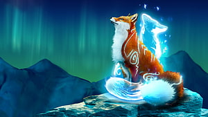 Spirit Fox from Spirit of the North Enhanced Edition Sitting on Rock Under Aurora HD wallpaper