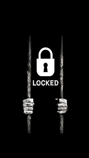 Black and White Prison Bars Lock Screen with Hands and Padlock Icon HD phone wallpaper