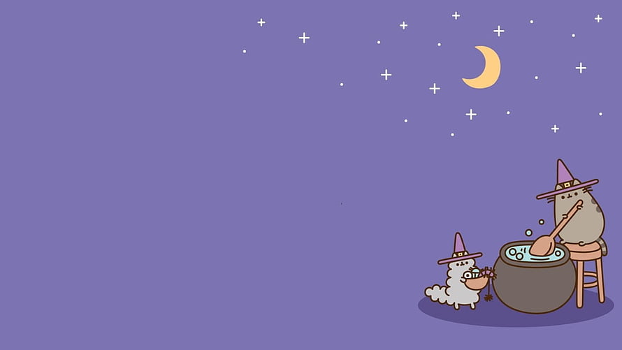 Pusheen and a small dog in witch hats stirring a cauldron under a starry night sky HD wallpaper