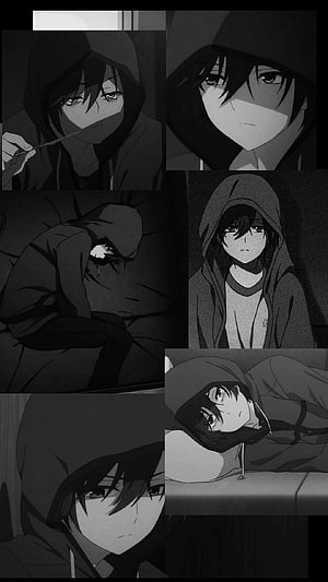 Monochrome Anime Collage of a Hooded Character in Melancholic and Contemplative Poses HD phone wallpaper