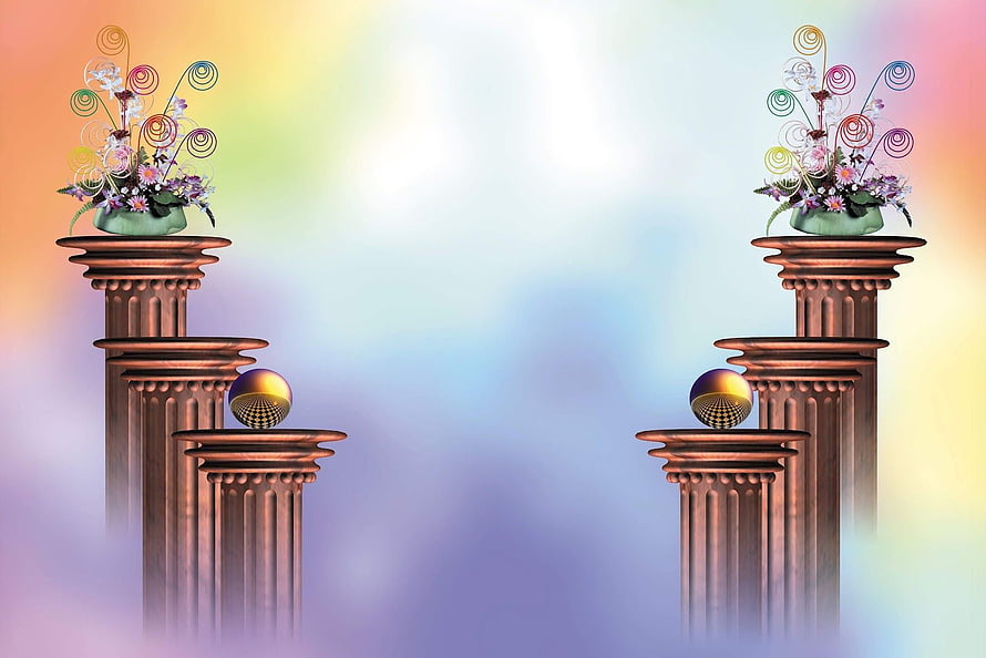 Symmetrical Bronze Columns with Floral Arrangements and Decorative Spheres on a Soft Pastel Gradient Background HD wallpaper