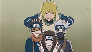 Team Minato Group Portrait Featuring Kakashi, Rin, Obito, and Minato in Anime Style HD wallpaper
