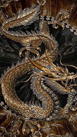 Intricate Golden Chinese Dragon Coiled in Traditional Ornate Style HD phone wallpaper