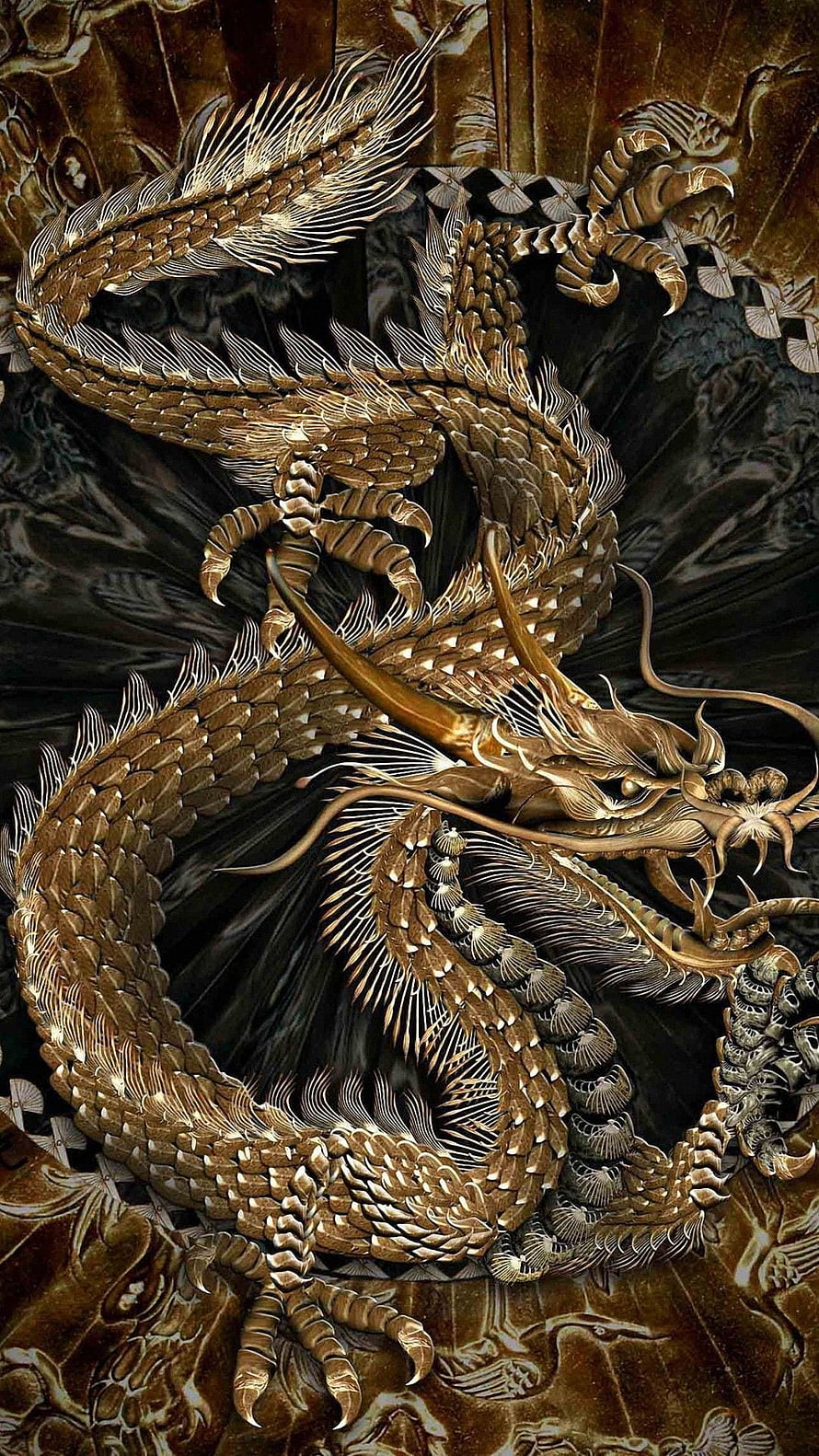 Intricate Golden Chinese Dragon Coiled in Traditional Ornate Style HD phone wallpaper