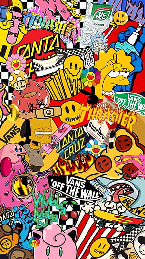 Drew House Sticker Bomb Collage with Vans, Thrasher, Simpsons, Kirby, and Pop Culture Icons HD phone wallpaper