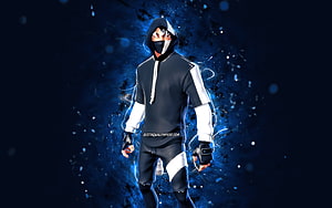 Shadow Ikonik Fortnite Character in Dark Hoodie with Blue Neon Energy Effects HD wallpaper