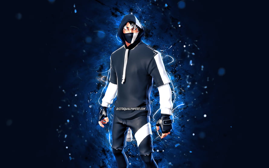 Shadow Ikonik Fortnite Character in Dark Hoodie with Blue Neon Energy Effects HD wallpaper