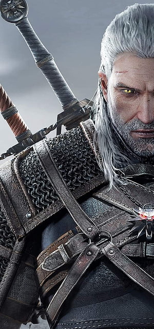 Geralt of Rivia in Leather Armor and Chainmail with Sword Hilt HD phone wallpaper
