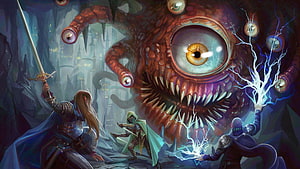 Baldur's Gate 3 Fantasy Battle Scene Featuring Heroic Party Confronting Giant Eye Monster HD wallpaper