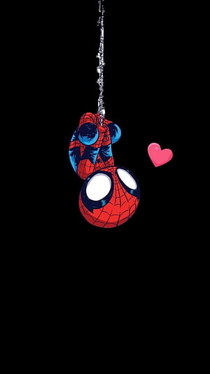 Cute Chibi Spider-Man Hanging from Web with Heart on Black Background HD phone wallpaper