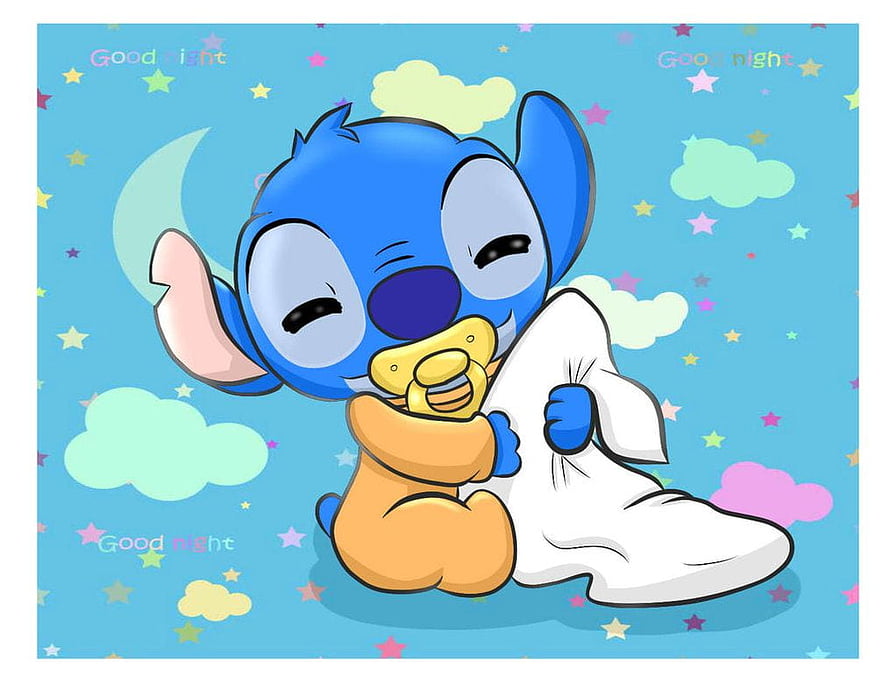 Cute Baby Stitch Holding Pacifier and Blanket in Kawaii Nighttime Sky HD wallpaper