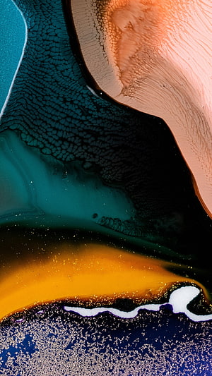 Vibrant Fluid Art Abstract with Teal, Gold, and Coral Ink Swirls HD phone wallpaper