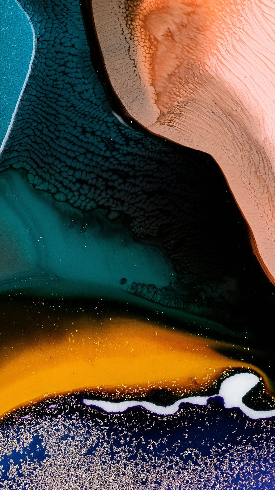 Vibrant Fluid Art Abstract with Teal, Gold, and Coral Ink Swirls HD phone wallpaper