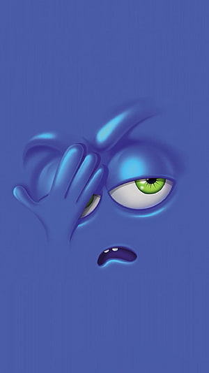 Blue Cartoon Character Facepalm with Green Eyes and Worried Expression HD phone wallpaper