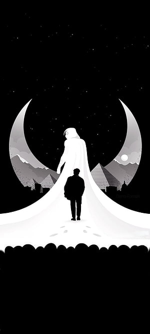 Moon Knight and Marc Spector Silhouette Standing Before Giant Crescent Moon and Starry Night Sky HD phone wallpaper