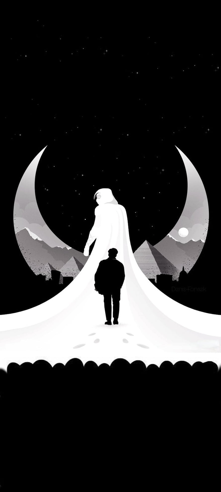 Moon Knight and Marc Spector Silhouette Standing Before Giant Crescent Moon and Starry Night Sky HD phone wallpaper
