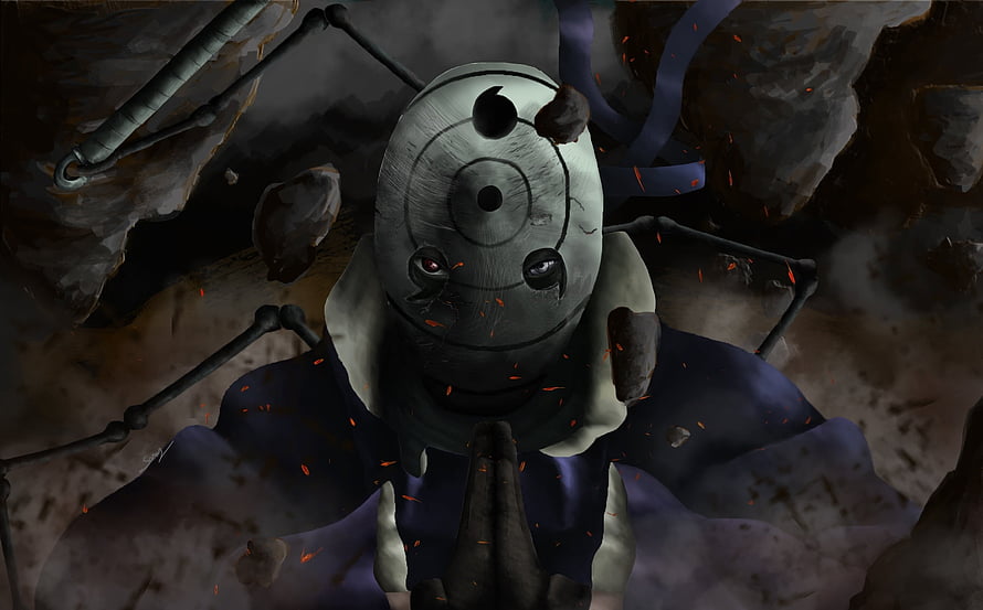 Obito Uchiha in Tobi Mask with Hands Praying in Dark Cavern HD wallpaper