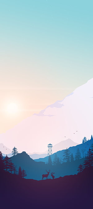 Serene Mountain Valley at Dawn with Deer and Watchtower Silhouette HD phone wallpaper