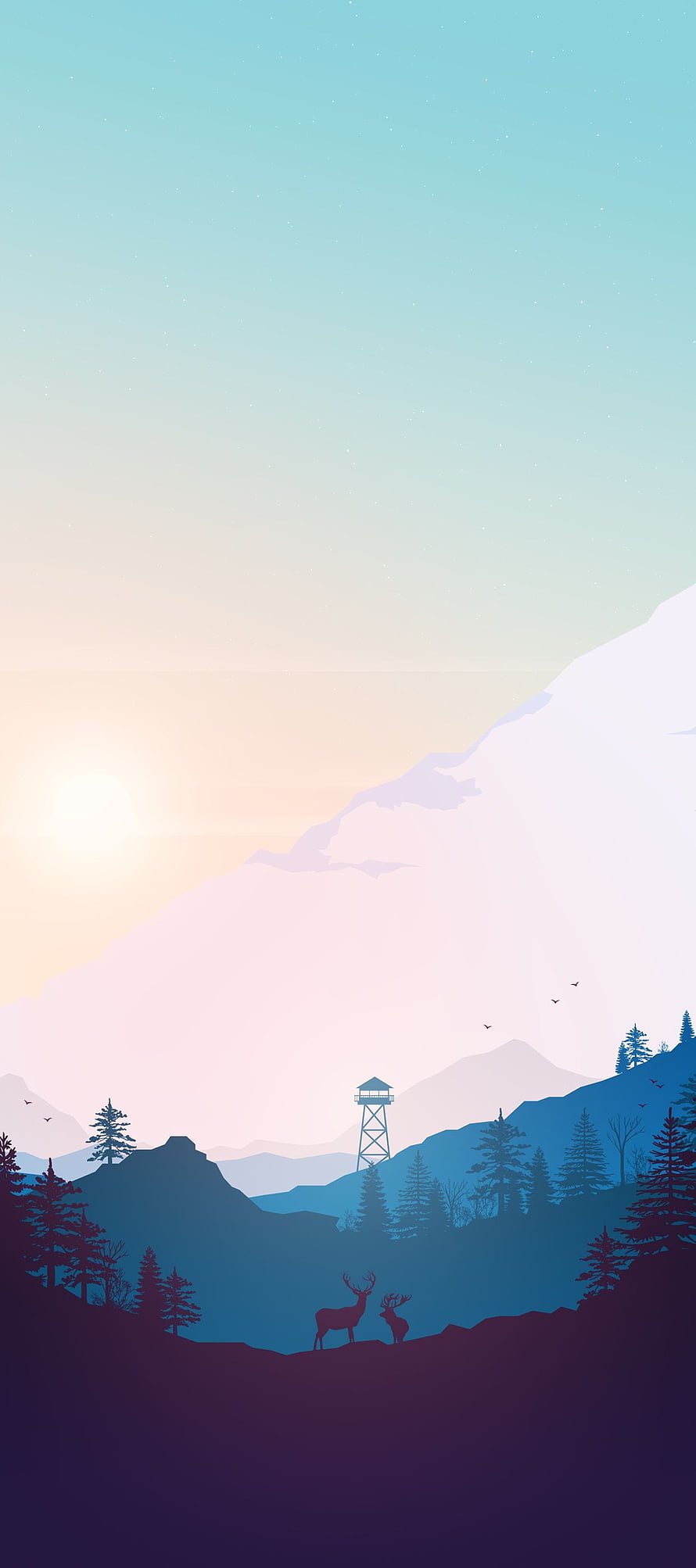 Serene Mountain Valley at Dawn with Deer and Watchtower Silhouette HD phone wallpaper