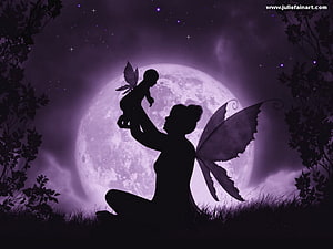 Silhouette of a fairy mother holding a child against a full moon in a purple night sky HD wallpaper