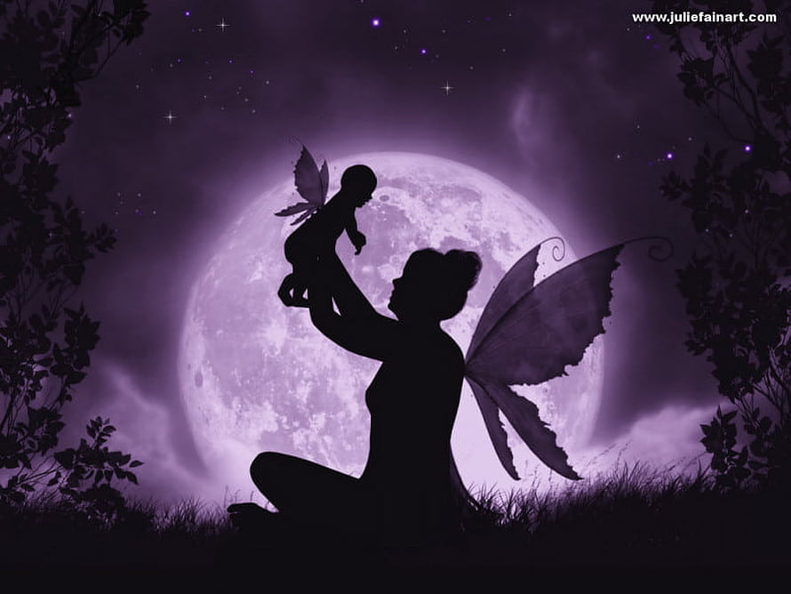 Silhouette of a fairy mother holding a child against a full moon in a purple night sky HD wallpaper