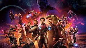Avengers Endgame Ensemble Cast Poster Featuring Iron Man, Thor, Hulk, and Thanos in Cosmic Battle Scene HD wallpaper