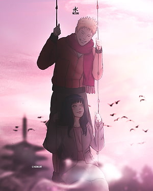 Naruto and Hinata on a Swing at Sunset in a Dreamy Pink Sky HD phone wallpaper