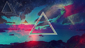 Vibrant Synthwave Landscape with Geometric Triangle Overlay and Cosmic Nebula Sky HD wallpaper
