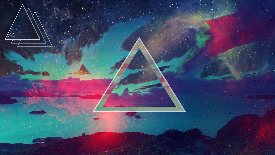 Vibrant Synthwave Landscape with Geometric Triangle Overlay and Cosmic Nebula Sky HD wallpaper