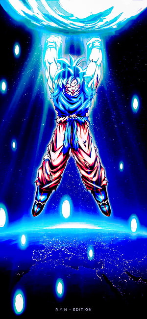 Goku Super Saiyan Blue Ascended Floating Above Earth in Dragon Ball Z HD phone wallpaper