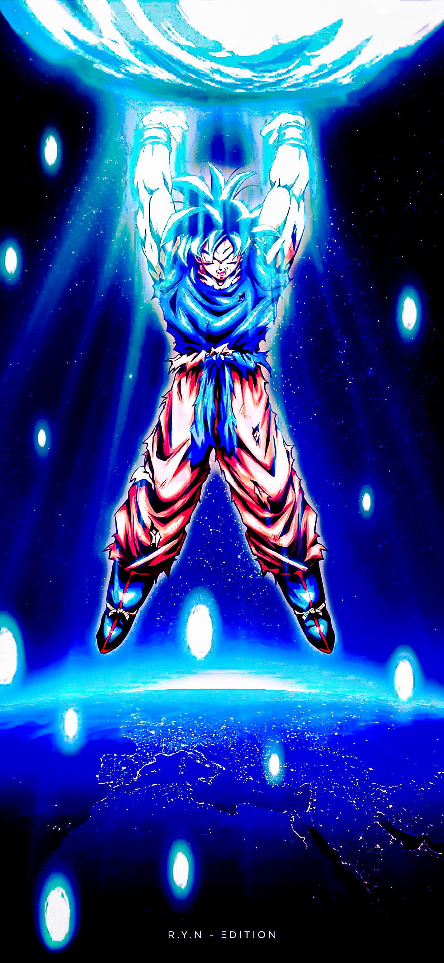 Goku Super Saiyan Blue Ascended Floating Above Earth in Dragon Ball Z HD phone wallpaper